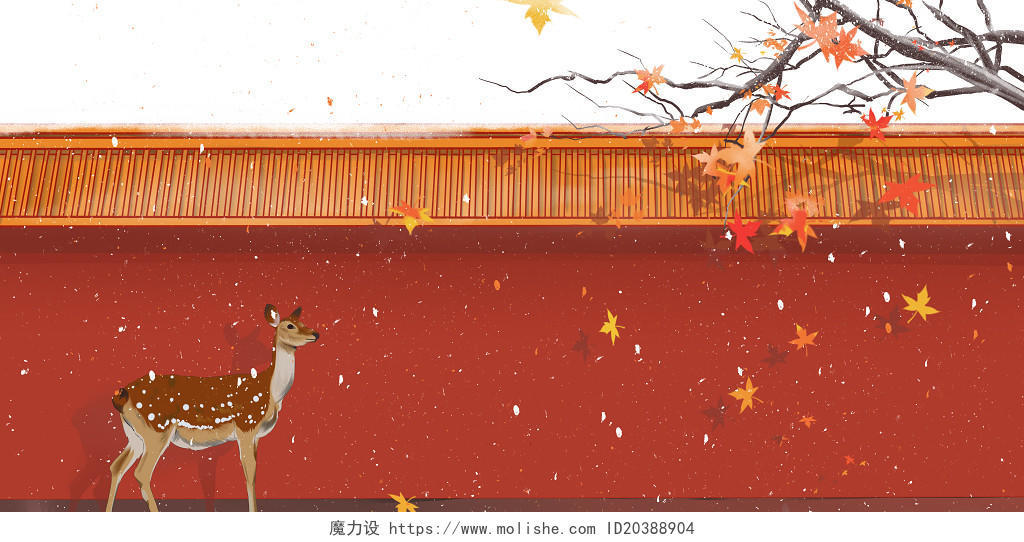 冬天立冬元素世界动物日中国风立冬城墙下的小鹿背景海报素材